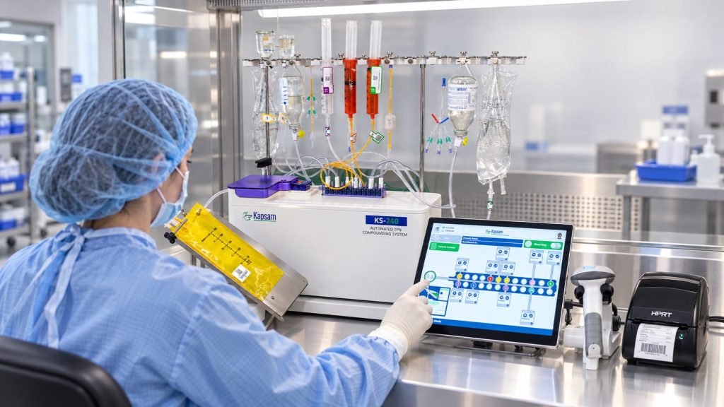 Pharmacy technician preparing a patient-specific parenteral nutrition bag on the KAPSAM KS-240 automated TPN compounding system