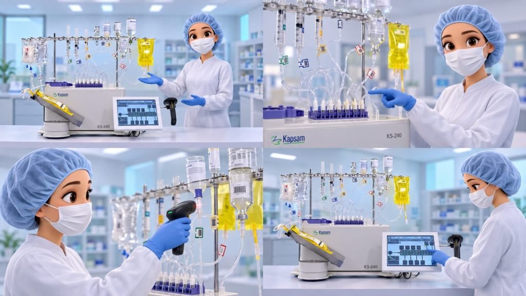 Training walkthrough panels showing KS-240 setup, barcode verification and touchscreen operation