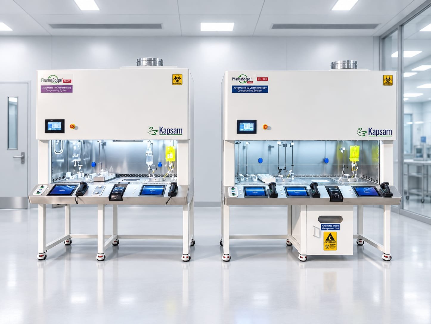 Two PharmaScope Onco KS-340 systems installed side by side in a cleanroom, one with an automated waste management unit