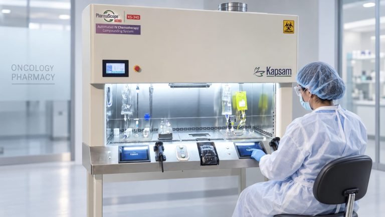 PharmaScope Onco KS-340 installed in an oncology pharmacy, with an operator at the console