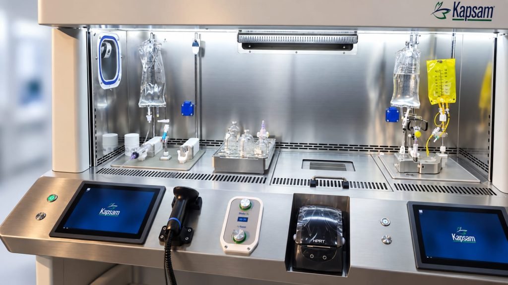 KS-340 work area and operator console with barcode scanners, label printer and touchscreens